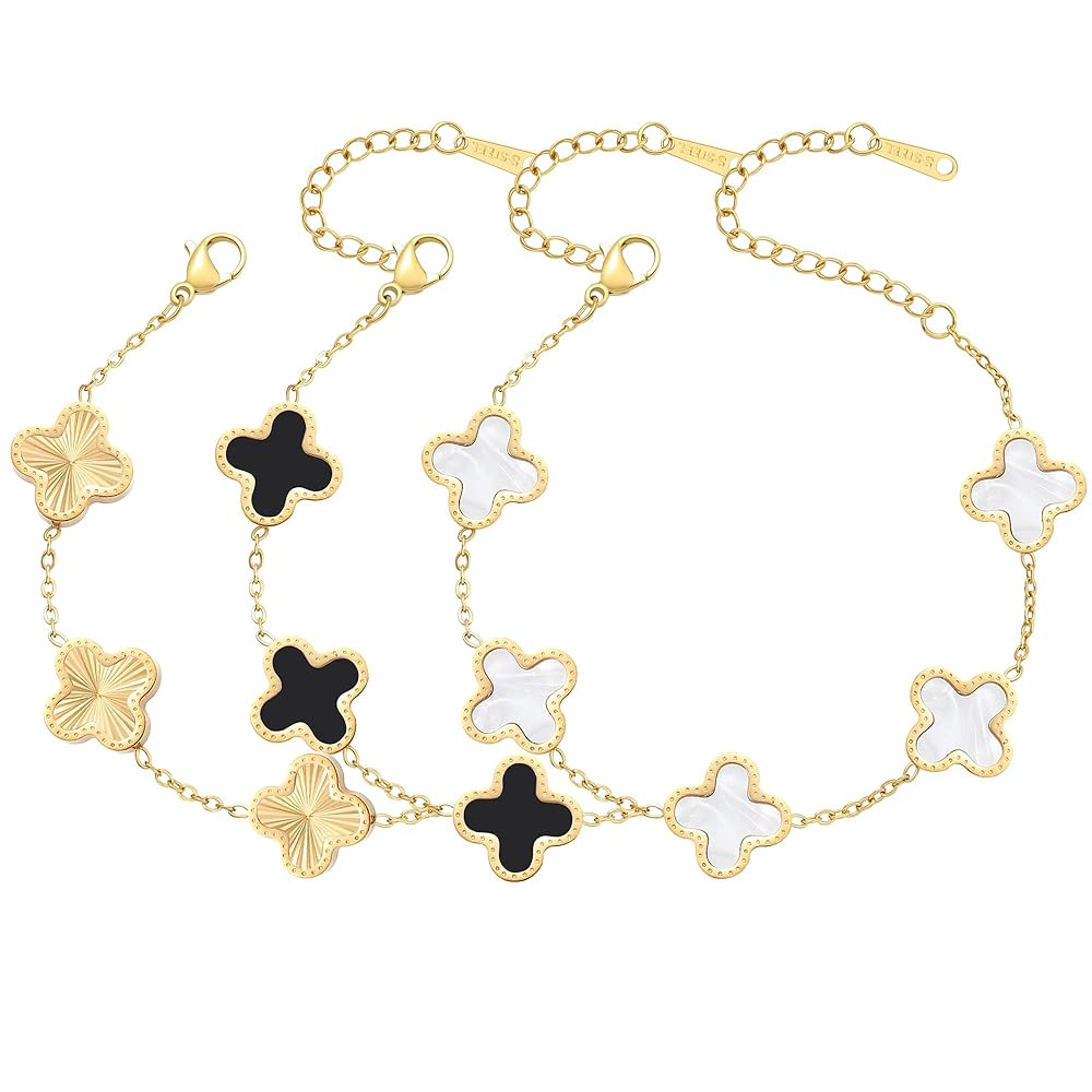 18K Gold Plated Clover Bracelet Set for Women Fashion Simple Four Leaf Lucky Flower Bracelets Jewelry Gifts for Women 3Pcs