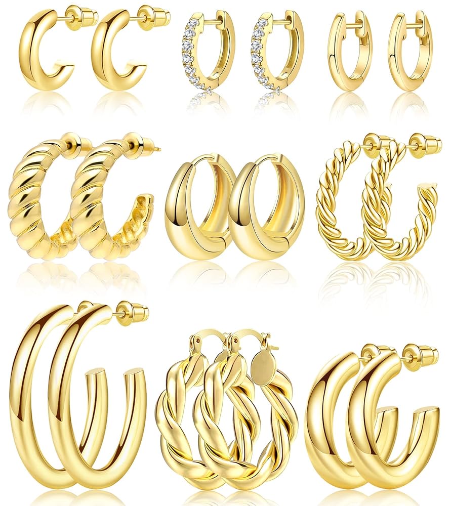 Adoyi 9 Pairs Gold Hoop Earrings Set for Womens Twisted Huggie Hoops Earrings 14K 18K Gold Plated for Girls Valentines Mother's Day Birthday Gifts Lightweight
