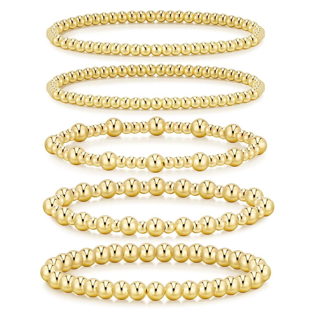adoyi Gold Bracelets for Women, 14K Gold Plated Beaded Bracelets Gold Strand Bead Ball Bracelet stack Set Adjustable Bracelet Set Jewelry for Gifts